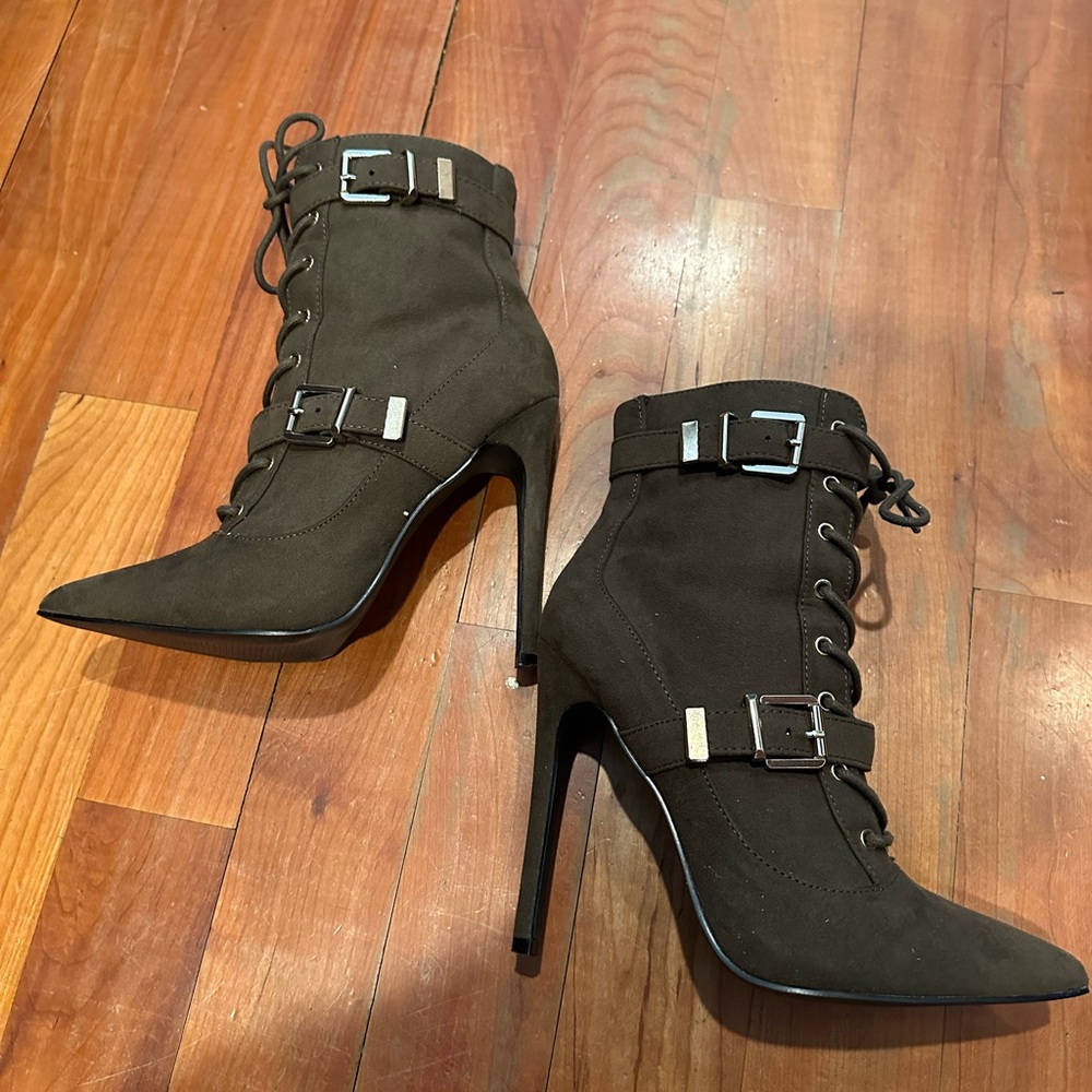 JustFab Dark Brown Lace-Up Stiletto Ankle Boots